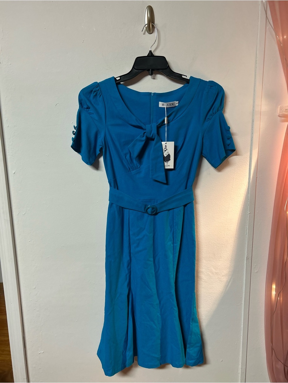 MUXXN Teal Blue Retro Bow Belted Dress
